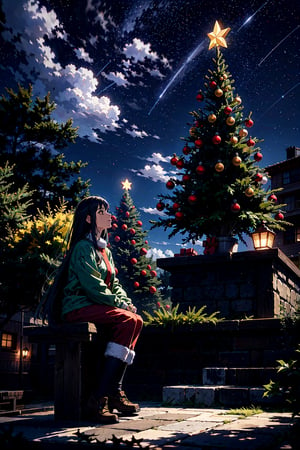  photo realistic, (delicate shadows:0.6), drawing details, (outdoors background:1.4), from below,　BREAK (1 girl:1.3), light smile, 
BREAK yellow puffer jacket, long-sleeve shirt, cargo pants, mountain boots, 
BREAK (huge illuminated Christmas tree:1.6), A starry sky spreading in all directions, shining stars, (a girl sitting looking up at the stars:1.5), a single shooting star