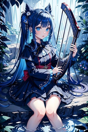 (masterpiece, best quality, highres:1.3),  1girl, dark blue hair, kawaii, hime hair, fantasy, soft, rainy, vivid color, magical aura, sitting, playing harp