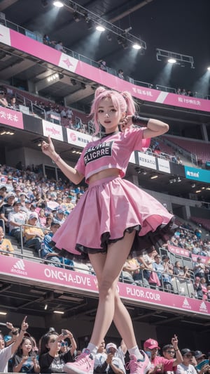 1girl, creative outfit, fans cheering in background, idol, stadium, thousands of fans, pink aesthetic