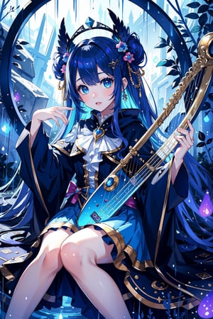 (masterpiece, best quality, highres:1.3),  1girl, dark blue hair, kawaii, hime hair, fantasy, soft, rainy, vivid color, magical aura, sitting, playing harp