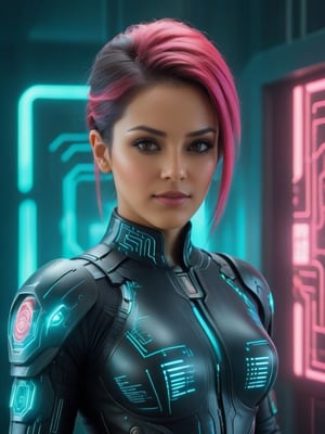 ((Hyper-realistic full head portrait of an extremly beautiful RPG Mexican female character)), ((Posing elegantly with an extremely realistic, highly detailed and ornate Cyberpunk Corporate Office background)), ((wearing a tight Cyberpunk Corporate Agent costume and futuristic glasses with turquoise and pink tones)), ((with a sweet smile and a tender look)), ((with a Cyberpunk Corporate hairstyle)), ((using a Cyberpunk makeup, lipstick, eyeliner, eyeshadow and blush)), ((extremely realistic and highly detailed eyes)), ((perfect symmetrical body, perfectly and highly detailed)), ((perfect symmetrical face of a RPG female character and perfectly detailed)), ((correct proportion and size of the body of a RPG female character)). ((8K high-definition portrait)), ((colored but not saturated, perfect contrast between lights and shadows)).