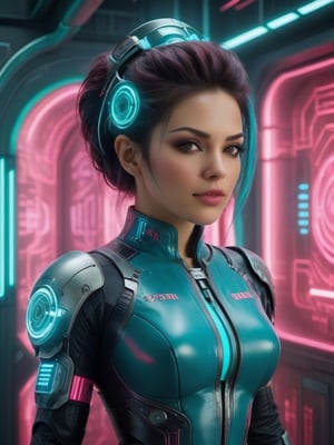 ((Hyper-realistic full head portrait of an extremly beautiful RPG Mexican female character)), ((Posing elegantly with an extremely realistic, highly detailed and ornate Cyberpunk Health Care Room background)), ((wearing a tight Cyberpunk Nursing Agent costume, with turquoise and pink tones)), ((with a sweet smile and a tender look)), ((with a Cyberpunk Nurse hairstyle)), ((using a Cyberpunk makeup, lipstick, eyeliner, eyeshadow and blush)), ((extremely realistic and highly detailed eyes)), ((perfect symmetrical body, perfectly and highly detailed)), ((perfect symmetrical face of a RPG female character and perfectly detailed)), ((correct proportion and size of the body of a RPG female character)). ((8K high-definition portrait)), ((colored but not saturated, perfect contrast between lights and shadows)).