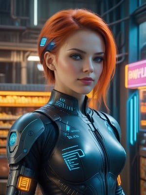 ((Hyper-realistic full head portrait of an extremly beautiful RPG Dutch female character)), ((Posing elegantly with an extremely realistic, highly detailed and ornate Cyberpunk Food Warehouse background)), ((wearing a tight Cyberpunk Nutrition Agent costume, with orange and blue tones)), ((with a sweet smile and a tender look)), ((with a Cyberpunk Nutritionist hairstyle)), ((using a Cyberpunk makeup, lipstick, eyeliner, eyeshadow and blush)), ((extremely realistic and highly detailed eyes)), ((perfect symmetrical body, perfectly and highly detailed)), ((perfect symmetrical face of a RPG female character and perfectly detailed)), ((correct proportion and size of the body of a RPG female character)). ((8K high-definition portrait)), ((colored but not saturated, perfect contrast between lights and shadows)).