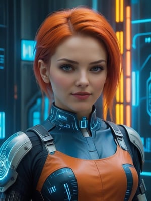 ((Hyper-realistic full head portrait of an extremly beautiful RPG Dutch female character)), ((Posing elegantly with an extremely realistic, highly detailed and ornate Cyberpunk Health Care Room background)), ((wearing a tight Cyberpunk Nursing Agent costume, with orange and blue tones)), ((with a sweet smile and a tender look)), ((with a Cyberpunk Nurse hairstyle)), ((using a Cyberpunk makeup, lipstick, eyeliner, eyeshadow and blush)), ((extremely realistic and highly detailed eyes)), ((perfect symmetrical body, perfectly and highly detailed)), ((perfect symmetrical face of a RPG female character and perfectly detailed)), ((correct proportion and size of the body of a RPG female character)). ((8K high-definition portrait)), ((colored but not saturated, perfect contrast between lights and shadows)).