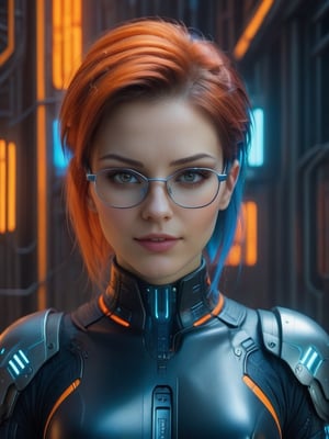 ((Hyper-realistic full head portrait of an extremly beautiful RPG Dutch female character)), ((Posing elegantly with an extremely realistic, highly detailed and ornate Cyberpunk Hacking Lab background)), ((wearing a tight Cyberpunk Hacking Agent costume and futuristic glasses, with orange and blue tones)), ((with a sweet smile and a tender look)), ((with a Cyberpunk Hacker hairstyle)), ((using a Cyberpunk makeup, lipstick, eyeliner, eyeshadow and blush)), ((extremely realistic and highly detailed eyes)), ((perfect symmetrical body, perfectly and highly detailed)), ((perfect symmetrical face of a RPG female character and perfectly detailed)), ((correct proportion and size of the body of a RPG female character)). ((8K high-definition portrait)), ((colored but not saturated, perfect contrast between lights and shadows)).