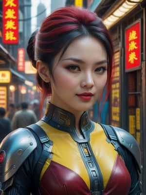 ((Hyper-realistic full head portrait of an extremly beautiful RPG Chinese female character)), ((Posing elegantly with an extremely realistic, highly detailed and ornate Cyberpunk Street Trading Stall background)), ((wearing a tight Cyberpunk Trade Agent costume, with red and yellow tones)), ((with a sweet smile and a tender look)), ((with a Cyberpunk Trader hairstyle)), ((using a Cyberpunk makeup, lipstick, eyeliner, eyeshadow and blush)), ((extremely realistic and highly detailed eyes)), ((perfect symmetrical body, perfectly and highly detailed)), ((perfect symmetrical face of a RPG female character and perfectly detailed)), ((correct proportion and size of the body of a RPG female character)). ((8K high-definition portrait)), ((colored but not saturated, perfect contrast between lights and shadows)).