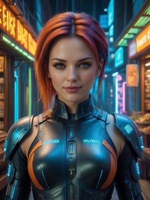 ((Hyper-realistic full head portrait of an extremly beautiful RPG Dutch female character)), ((Posing elegantly with an extremely realistic, highly detailed and ornate Cyberpunk Street Trading Stall background)), ((wearing a tight Cyberpunk Trade Agent costume, with orange and blue tones)), ((with a sweet smile and a tender look)), ((with a Cyberpunk Trader hairstyle)), ((using a Cyberpunk makeup, lipstick, eyeliner, eyeshadow and blush)), ((extremely realistic and highly detailed eyes)), ((perfect symmetrical body, perfectly and highly detailed)), ((perfect symmetrical face of a RPG female character and perfectly detailed)), ((correct proportion and size of the body of a RPG female character)). ((8K high-definition portrait)), ((colored but not saturated, perfect contrast between lights and shadows)).