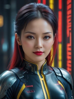 ((Hyper-realistic full head portrait of an extremly beautiful RPG Chinese female character)), ((Posing elegantly with an extremely realistic, highly detailed and ornate Cyberpunk Corporate Office background)), ((wearing a tight Cyberpunk Corporate Agent costume and futuristic glasses with red and yellow tones)), ((with a sweet smile and a tender look)), ((with a Cyberpunk Corporate hairstyle)), ((using a Cyberpunk makeup, lipstick, eyeliner, eyeshadow and blush)), ((extremely realistic and highly detailed eyes)), ((perfect symmetrical body, perfectly and highly detailed)), ((perfect symmetrical face of a RPG female character and perfectly detailed)), ((correct proportion and size of the body of a RPG female character)). ((8K high-definition portrait)), ((colored but not saturated, perfect contrast between lights and shadows)).