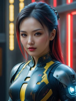 ((Hyper-realistic full head portrait of an extremly beautiful RPG Chinese female character)), ((Posing elegantly with an extremely realistic, highly detailed and ornate Cyberpunk Security Headquarters background)), ((wearing a tight Cyberpunk Security Agent costume, with red and yellow tones)), ((with a sweet smile and a tender look)), ((with a Cyberpunk Guard hairstyle)), ((using a Cyberpunk makeup, lipstick, eyeliner, eyeshadow and blush)), ((extremely realistic and highly detailed eyes)), ((perfect symmetrical body, perfectly and highly detailed)), ((perfect symmetrical face of a RPG female character and perfectly detailed)), ((correct proportion and size of the body of a RPG female character)). ((8K high-definition portrait)), ((colored but not saturated, perfect contrast between lights and shadows)).