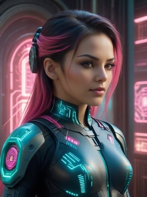 ((Hyper-realistic full head portrait of an extremly beautiful RPG Mexican female character)), ((Posing elegantly with an extremely realistic, highly detailed and ornate Cyberpunk Security Headquarters background)), ((wearing a tight Cyberpunk Security Agent costume, with turquoise and pink tones)), ((with a sweet smile and a tender look)), ((with a Cyberpunk Guard hairstyle)), ((using a Cyberpunk makeup, lipstick, eyeliner, eyeshadow and blush)), ((extremely realistic and highly detailed eyes)), ((perfect symmetrical body, perfectly and highly detailed)), ((perfect symmetrical face of a RPG female character and perfectly detailed)), ((correct proportion and size of the body of a RPG female character)). ((8K high-definition portrait)), ((colored but not saturated, perfect contrast between lights and shadows)).