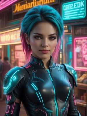 ((Hyper-realistic full head portrait of an extremly beautiful RPG Mexican female character)), ((Posing elegantly with an extremely realistic, highly detailed and ornate Cyberpunk Street Trading Stall background)), ((wearing a tight Cyberpunk Trade Agent costume, with turquoise and pink tones)), ((with a sweet smile and a tender look)), ((with a Cyberpunk Trader hairstyle)), ((using a Cyberpunk makeup, lipstick, eyeliner, eyeshadow and blush)), ((extremely realistic and highly detailed eyes)), ((perfect symmetrical body, perfectly and highly detailed)), ((perfect symmetrical face of a RPG female character and perfectly detailed)), ((correct proportion and size of the body of a RPG female character)). ((8K high-definition portrait)), ((colored but not saturated, perfect contrast between lights and shadows)).