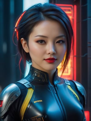 ((Hyper-realistic full head portrait of an extremly beautiful RPG Chinese female character)), ((Posing elegantly with an extremely realistic, highly detailed and ornate Cyberpunk Hacking Lab background)), ((wearing a tight Cyberpunk Hacking Agent costume and futuristic glasses, with red and yellow tones)), ((with a sweet smile and a tender look)), ((with a Cyberpunk Hacker hairstyle)), ((using a Cyberpunk makeup, lipstick, eyeliner, eyeshadow and blush)), ((extremely realistic and highly detailed eyes)), ((perfect symmetrical body, perfectly and highly detailed)), ((perfect symmetrical face of a RPG female character and perfectly detailed)), ((correct proportion and size of the body of a RPG female character)). ((8K high-definition portrait)), ((colored but not saturated, perfect contrast between lights and shadows)).