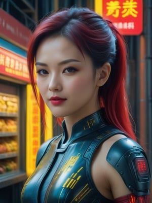 ((Hyper-realistic full head portrait of an extremly beautiful RPG Chinese female character)), ((Posing elegantly with an extremely realistic, highly detailed and ornate Cyberpunk Food Warehouse background)), ((wearing a tight Cyberpunk Nutrition Agent costume, with red and yellow tones)), ((with a sweet smile and a tender look)), ((with a Cyberpunk Nutritionist hairstyle)), ((using a Cyberpunk makeup, lipstick, eyeliner, eyeshadow and blush)), ((extremely realistic and highly detailed eyes)), ((perfect symmetrical body, perfectly and highly detailed)), ((perfect symmetrical face of a RPG female character and perfectly detailed)), ((correct proportion and size of the body of a RPG female character)). ((8K high-definition portrait)), ((colored but not saturated, perfect contrast between lights and shadows)).