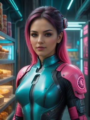 ((Hyper-realistic full head portrait of an extremly beautiful RPG Mexican female character)), ((Posing elegantly with an extremely realistic, highly detailed and ornate Cyberpunk Food Warehouse background)), ((wearing a tight Cyberpunk Nutrition Agent costume, with turquoise and pink tones)), ((with a sweet smile and a tender look)), ((with a Cyberpunk Nutritionist hairstyle)), ((using a Cyberpunk makeup, lipstick, eyeliner, eyeshadow and blush)), ((extremely realistic and highly detailed eyes)), ((perfect symmetrical body, perfectly and highly detailed)), ((perfect symmetrical face of a RPG female character and perfectly detailed)), ((correct proportion and size of the body of a RPG female character)). ((8K high-definition portrait)), ((colored but not saturated, perfect contrast between lights and shadows)).