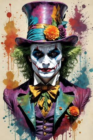 "Heath Leadger Joker as the Mad Hatter" the spade magician, highly detailed, half-skull for a face, smudged joker makeup, sad, diobolical, menacing, smudged maskara, scars, battle damaged, cinematic, 8k, style by stanley artgermm, tom bagshaw, carne griffiths, hyper detailed, full of colour,playing cards, flowersupper body