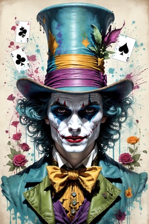 "Heath Leadger Joker as the Mad Hatter" the spade magician, highly detailed, half-skull for a face, rabbit jumping out of the top of the hat, smudged face-makeup, sad, diobolical, menacing, smudged maskara, scars, battle damaged, cinematic, 8k, style by stanley artgermm, tom bagshaw, carne griffiths, hyper detailed, full of colour,playing cards, flowersupper body