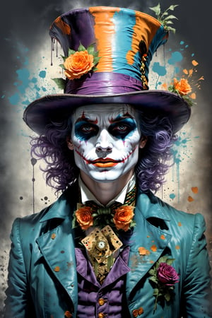 "Heath Leadger Joker as the Mad Hatter" the spade magician, highly detailed, half-skull for a face, rabbit jumping out of the top of the hat, (clockwork orange) makeup, smudged face-makeup, sad, diobolical, menacing, smudged maskara, scars, battle damaged, cinematic, 8k, style by stanley artgermm, tom bagshaw, carne griffiths, hyper detailed, full of colour,playing cards, flowersupper body