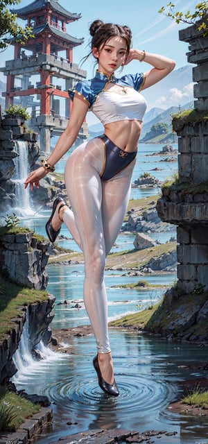 (8k, RAW photo, photorealistic:1.25), 1girl, Natalie Portman, (large breasts), half-naked, dynamic action pose (kicking high 
 up with one leg), wearing her signature outfit (a blue qipao, an early-20th-century Chinese dress, with golden accents, puffy sleeves, and a tight white waistband, bracelets with long spikes on both of her wrists), ((sheer crotchless tan pantyhose)), japanese dominatrix school girl outfit Sailor Moon inspired ((full body):1.5), (highly detailed skin:1.2), accentuated breasts, large pelvic, wide hip, narrow waist, curvy waist, ((slim, skinny waist:1.4)), seductress, tempting, pink nipples, pink pussy out, tibetan temple swamp lake with coy fish background, dynamic pose, well sunlit, ((looking at viewer)), ox horns tied bun style brown hair, Godpussy2, chunlims