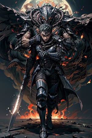 high detailed full body wide shot of "Guts" in his Berserker Armor from the manga by Kentaro Miura, swinging a giant buster sword that is twice his size like Cloud from FinalFantasy, left arm is armored black in color and mechanical with a hidden weapon hi-tech, scars and battle damage (8k, ultra-best quality, masterpiece: 1.2), ultra-detailed, best shadow, detailed hand, hyper-realistic portraits, (detailed background), Godhand. Set him against a background of an eclipse in raging fire with black flames dancing in the backdrop, creating an inferno-like atmosphere. ((Perfect face)), ((perfect hands)), ((perfect body)), guts \(berserk\)