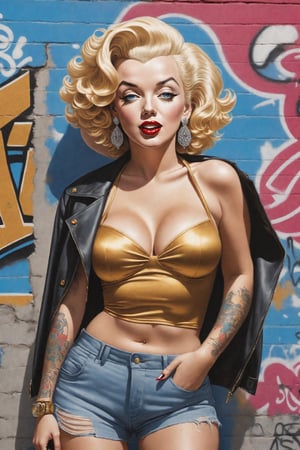 full body wide shot of Marilyn Monroe smoking a cigarette holding a handgun with long ginger wavy hair standing in front of a wall covered with artful graffiti, skin & body covered in Yakuza’s Irezumi 刺青 tattoos on all over her body, detailed blue eyes, wearing modern gangsta rap fashion type clothing with lots of gold, black gang bandana, gold teeth, gold rings, big gold bracelet, big gold & diamond necklace chain, sexy girl, on the old school cadillac hood, big_breasts, accentuated breasts, large pelvic, wide hip, narrow waist, curvy waist, ((slim, skinny waist:1.4)), seductress, playful, tempting, smug face, ((wide hips)), ((huge pelvic), one of the most popular sex symbols of the 1950s and early 1960s, as well as an emblem of the era's sexual revolution, fall vibes, blushed, looking at the camera, colorful scene shot, professional photography, ultra sharp focus, (masterpiece, best quality:1.1), 8K, Ultra-HD, ultra-best quality, (masterpiece: 1.2), ultra-detailed, best shadow, detailed hand, hyper-realistic, (detailed background), EnvyBeautyMix23, perfecteyes,HZ Steampunk,dripping paint,6000,Movie Still, mecha,aw0k