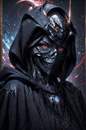 8K, Ultra-HD, ultra-best quality, (masterpiece: 1.2), ultra-detailed, best shadow, detailed hand, hyper-realistic portraits, (detailed background) Grim Reaper, skull inspired intricate face-mask with a big hood and cape, sexy, intriguing, detailed eyes, detailed red eyes glowing, holding a reapers scythe, ultra detailed artistic photography, midnight aura, night sky, dreamy, backlit, glamour, glimmer, shadows, oil on canvas, brush strokes, smooth, ultra high definition, unreal engine 5, ultra sharp focus, art by alberto seveso, artgerm, loish, sf, intricate artwork masterpiece, ominous, matte painting movie poster, golden ratio, trending on cgsociety, intricate, epic, trending on artstation, by artgerm, h. r. giger and beksinski, highly detailed, vibrant, production cinematic character render, ultra high quality model, mecha