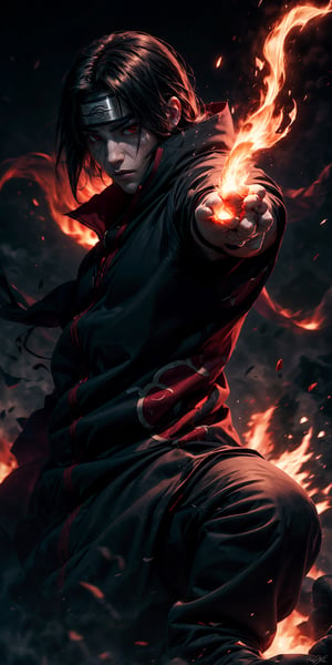 Visualize the legendary Itachi Uchiha, a prominent character from the Naruto anime. full body, muscular physique, reflecting his formidable strength.

Itachi Uchiha is clad in his signature ninja attire. His defining ability is his mastery over fire, black flames, showcasing his power to manipulate fire at will. Set to backdrop of black crows flying in distance and sitting on his shoulder

Set him against a background of raging fire, with black flames dancing in the backdrop, creating an inferno-like atmosphere. The flames should emphasize his fiery abilities and his unwavering resolve.

Capture this image to pay homage to Itachi Uchiha's character, showcasing his powerful presence and his association with the element of blackfire, a central theme in his story arc within the Naruto series." ((Perfect face)), ((perfect hands)), ((perfect body)), [perfect image of Itachi Uchiha (Naruto anime character)]