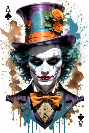 "Heath Leadger Joker as the Mad Hatter" the spade magician, highly detailed, half-skull for a face, rabbit jumping out of the top of the hat, (clockwork orange), smudged face-makeup, sad, diobolical, menacing, smudged maskara, scars, battle damaged, cinematic, 8k, style by stanley artgermm, tom bagshaw, carne griffiths, hyper detailed, full of colour,playing cards, flowersupper body