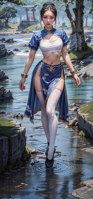 (8k, RAW photo, photorealistic:1.25), 1girl, Natalie Portman, (large breasts), half-naked, wearing her signature outfit (a blue qipao, an early-20th-century Chinese dress, with golden accents, puffy sleeves, and a white waistband, bracelets with spikes on both of her wrists), ((sheer crotchless black pantyhose)), japanese school girl outfit Sailor Moon ((full body):1.5), (highly detailed skin:1.2), accentuated breast, large pelvic, wide hip, narrow waist, curvy waist, ((slim, skinny waist:1.4)), seductress, tempting, pink nipples, pink pussy out, swamp background, dynamic pose, well sunlit, ((looking at viewer)), brown tied bun hair, peeing:1.4, Godpussy2, chunlims
