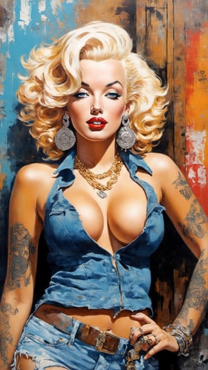 full body wide shot of Marilyn Monroe holding a smoking handgun Ak-47 assult rifle with long ginger wavy hair standing in front of a wall covered with artful graffiti, skin & body covered in Yakuza’s Irezumi 刺青 tattoos on all over her body, tattoo sleeves, detailed blue eyes, wearing modern gangsta rap fashion type clothing with lots of gold, black gang bandana, gold teeth, gold rings, big gold bracelet, big gold & diamond necklace chain, sexy girl, on the old school cadillac hood, big_breasts, accentuated breasts, large pelvic, nice smooth abs, wide hip, narrow waist, curvy waist, ((slim, skinny waist:1.4)), seductress, playful, tempting, smug face, ((wide hips)), ((huge pelvic), one of the most popular sex symbols of the 1950s and early 1960s, as well as an emblem of the era's sexual revolution, fall vibes, blushed, looking at the camera, colorful scene shot, professional photography, ultra sharp focus, (masterpiece, best quality:1.1), 8K, Ultra-HD, ultra-best quality, (masterpiece: 1.2), ultra-detailed, best shadow, detailed hand, hyper-realistic, (detailed background), EnvyBeautyMix23, perfecteyes,HZ Steampunk,dripping paint,6000,Movie Still, mecha,aw0k