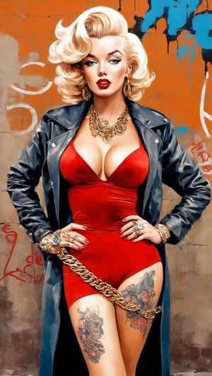 full body wide shot of Marilyn Monroe holding a smoking handgun Ak-47 assult rifle with long ginger wavy hair standing in front of a wall covered with artful graffiti, skin & body covered in Yakuza’s Irezumi 刺青 tattoos on all over her body, tattoo sleeves both arms, detailed blue eyes, wearing modern gangsta rap fashion type clothing with lots of gold, black gang bandana, black leather jacket, smoking, gold teeth, gold rings, big gold bracelet, big gold & diamond necklace chain, sexy girl, on the old school cadillac hood, big_breasts, accentuated breasts, large pelvic, nice smooth abs, wide hip, narrow waist, curvy waist, ((slim, skinny waist:1.4)), seductress, playful, tempting, smug face, ((wide hips)), ((huge pelvic), one of the most popular sex symbols of the 1950s and early 1960s, as well as an emblem of the era's sexual revolution, fall vibes, blushed, looking at the camera, colorful scene shot, professional photography, ultra sharp focus, (masterpiece, best quality:1.1), 8K, Ultra-HD, ultra-best quality, (masterpiece: 1.2), ultra-detailed, best shadow, detailed hand, hyper-realistic, (detailed background), EnvyBeautyMix23, perfecteyes,HZ Steampunk,dripping paint,6000,Movie Still, mecha,aw0k