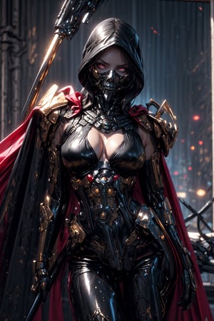 8K, Ultra-HD, ultra-best quality, (masterpiece: 1.2), ultra-detailed, best shadow, detailed hand, hyper-realistic portraits, (detailed background) Grim Reaper, mostly black and gold color theme, skull inspired intricate face-mask with a big hood and cape, sexy, intriguing, detailed eyes, detailed red eyes glowing, holding a reaper scythe, sexy girl, dynamic pose, (masterpiece, best quality:1.1), medium_breasts, accentuated breast, large pelvic, wide hip, narrow waist, curvy waist, ((slim, skinny waist:1.4)), seductress, playful, tempting, smug face, ((wide hips)), ((huge pelvic), ultra detailed artistic photography, midnight aura, night sky, dreamy, backlit, glamour, glimmer, shadows, oil on canvas, brush strokes, smooth, ultra high definition, unreal engine 5, ultra sharp focus, art by alberto seveso, artgerm, loish, sf, intricate artwork masterpiece, ominous, matte painting movie poster, golden ratio, trending on cgsociety, intricate, epic, trending on artstation, by artgerm, h. r. giger and beksinski, highly detailed, vibrant, production cinematic character render, ultra high quality model, mech
