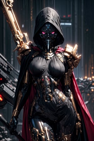 8K, Ultra-HD, ultra-best quality, (masterpiece: 1.2), ultra-detailed, best shadow, detailed hand, hyper-realistic portraits, (detailed background) Grim Reaper, mostly black and gold color theme, skull inspired intricate face-mask with a big hood and cape, sexy, intriguing, detailed eyes, detailed red eyes glowing, holding a reaper scythe, sexy girl, dynamic pose, (masterpiece, best quality:1.1), medium_breasts, accentuated breast, large pelvic, wide hip, narrow waist, curvy waist, ((slim, skinny waist:1.4)), seductress, playful, tempting, smug face, ((wide hips)), ((huge pelvic), ultra detailed artistic photography, midnight aura, night sky, dreamy, backlit, glamour, glimmer, shadows, oil on canvas, brush strokes, smooth, ultra high definition, unreal engine 5, ultra sharp focus, art by alberto seveso, artgerm, loish, sf, intricate artwork masterpiece, ominous, matte painting movie poster, golden ratio, trending on cgsociety, intricate, epic, trending on artstation, by artgerm, h. r. giger and beksinski, highly detailed, vibrant, production cinematic character render, ultra high quality model, mech
