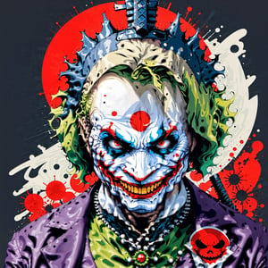 Heath Ledgers Joker character from the Dark Knight trillogy, movie poster, dynamic pose, japanese flag, dynomite, explosions, knives, magician, wonder, cyberpunk style anime characters, sexy samurai lady, skull mask, AK-47 quote "Why So Serious!?!"