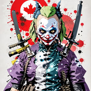 Heath Ledgers Joker character from the Dark Knight trillogy wearing a samurai inspired body armor, movie poster, dynamic pose, japanese flag, dynomite, explosions, knives, magician, wonder, cyberpunk style anime characters, sexy samurai lady, skull mask, AK-47 assult rifles, bullet holes, blood splatter, ice-cream and bubble gum, ((quote words "Why So Serious!?!"))