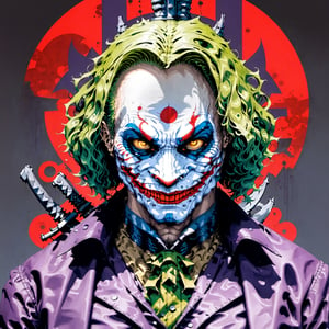 Heath Ledgers Joker character from the Dark Knight trillogy, movie poster, dynamic pose, dynomite, exposions, knives, magician, wonder, cyberpunk style anime characters and , sexy samurai lady, skull mask