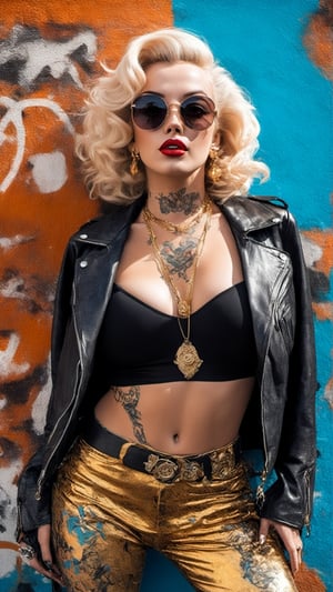 full body wide shot of Marilyn Monroe holding an assult rifle Ak-47 with long ginger wavy hair standing in front of a wall covered with artful graffiti, skin & body covered in Yakuza’s Irezumi 刺青 tattoos all over her body, tattoo sleeves both arms, detailed blue eyes, wearing modern gangsta rap fashion type clothing with lots of gold, black gang bandana, black leather jacket, smoking, sunglasses, gold teeth, gold rings, big gold bracelet, big gold & diamond necklace chain, sexy girl, on the old school cadillac hood, big_breasts, accentuated breasts, large pelvic, nice smooth abs, wide hip, narrow waist, curvy waist, ((slim, skinny waist:1.4)), seductress, playful, tempting, smug face, ((wide hips)), ((huge pelvic), one of the most popular sex symbols of the 1950s and early 1960s, as well as an emblem of the era's sexual revolution, fall vibes, blushed, looking at the camera, colorful scene shot, professional photography, ultra sharp focus, (masterpiece, best quality:1.1), 8K, Ultra-HD, ultra-best quality, (masterpiece: 1.2), ultra-detailed, best shadow, detailed hand, hyper-realistic, (detailed background), EnvyBeautyMix23, perfecteyes,HZ Steampunk,dripping paint,6000,Movie Still, mecha,aw0k