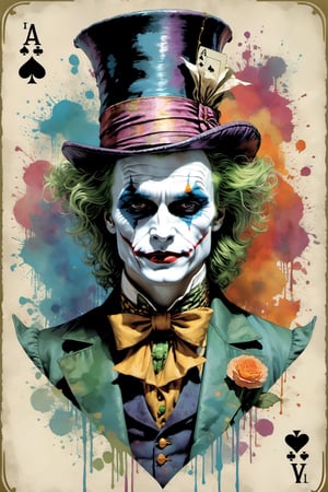 "Heath Leadger Joker as the Mad Hatter" the magician in a tarot joker card, highly detailed, half-skull for a face, smudged makeup, sad, diobolical, menacing, smudged maskara, cinematic, 8k, style by stanley artgermm, tom bagshaw, carne griffiths, hyper detailed, full of colour,playing cards, flowersupper body