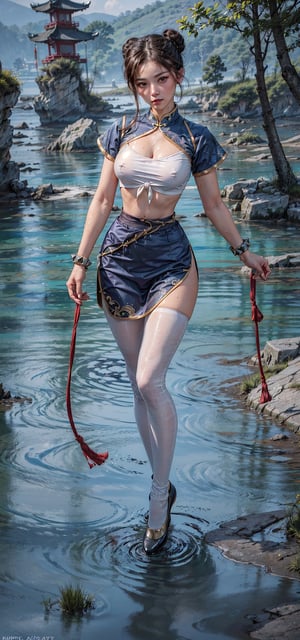 (8k, RAW photo, photorealistic:1.25), 1girl, (large breasts), half-naked, dynamic action pose, wet, wearing her signature outfit (a blue qipao, an early-20th-century Chinese dress, with golden accents, puffy sleeves, and a tight white waistband, bracelets with long spikes on both of her wrists), ((sheer crotchless black ripped pantyhose)), japanese dominatrix school girl outfit Sailor Moon inspired ((full body:1.5), (highly detailed skin:1.2), accentuated breasts, large pelvic, wide hip, narrow waist, curvy waist, ((slim, skinny waist:1.4)), seductress, tempting, pink nipples, pink pussy out, tibetan temple swamp lake with coy fish background, dynamic pose, well sunlit, ((looking at viewer)), ox horns tied bun style brown hair, Godpussy2, chunlims