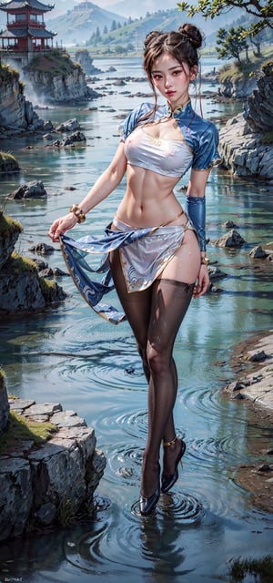 (8k, RAW photo, photorealistic:1.25), 1girl, (large breasts), half-naked, dynamic action pose, wet, wearing her signature outfit (a blue qipao, an early-20th-century Chinese dress, with golden accents, puffy sleeves, and a tight white waistband, bracelets with long spikes on both of her wrists), ((sheer crotchless black ripped pantyhose)), japanese dominatrix school girl outfit Sailor Moon inspired ((full body:1.5), (highly detailed skin:1.2), accentuated breasts, large pelvic, wide hip, narrow waist, curvy waist, ((slim, skinny waist:1.4)), seductress, tempting, pink nipples, pink pussy out, tibetan temple swamp lake with coy fish background, dynamic pose, well sunlit, ((looking at viewer)), ox horns tied bun style brown hair, Godpussy2, chunlims