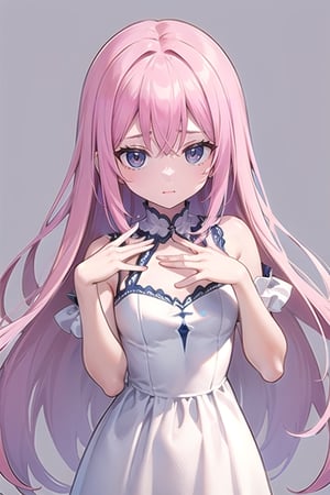 Pink hair girl, hands-5 fingers,symmetric face, long dress, confused face, medium chest, blu eyes