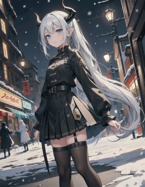 (vibrant colors, female, masterpiece, sharp focus, best quality, depth of field, cinematic lighting, ((solo, one woman )), (illustration, 8k CG, extremely detailed), masterpiece, ultra-detailed, long hair, looking at viewer, blue eyes, thighhighs, long sleeves, hair between eyes, very long hair, closed mouth, standing, ponytail, white hair, pleated skirt, horns, shoes, pointy ears, black thighhighs, miniskirt, black skirt, thigh strap, white coat, claws, dragon horns, dragon girl, dragon tail, (ice city background, snow, night, city lights, snowfall)