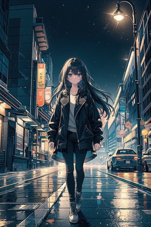 vibrant colors, female, masterpiece, sharp focus, best quality, depth of field, cinematic lighting, ((solo, one woman )), (illustration, 8k CG, extremely detailed), masterpiece, ultra-detailed, In the painting titled “Urban Night,” a young woman finds herself in a mesmerizing night scene as she walks along an urban highway. The street is illuminated by street lamps that emit a yellowish light, creating a suggestive and mysterious atmosphere.
The girl advances with a confident step along the sidewalk, immersed in the quiet solitude of the night. Her long dark hair flutters slightly in the wind as she moves, and her face is barely illuminated by the light of the street lamps, revealing an expression of reflection and inner calm.
She wears casual but elegant clothing, consisting of a black jacket that protects her from the cool of the night and dark jeans. The lights of the cars speeding past her create a trail of light on the wet pavement, adding dynamism to the scene.
The cityscape extends beyond the highway, with skyscrapers and buildings silhouetted against the night sky. In the distance, you can glimpse the city lights glowing in the darkness, adding depth and atmosphere to the composition.
This painting captures the essence of nocturnal urban solitude and invites the viewer to immerse themselves in the quiet, contemplative atmosphere of the scene.