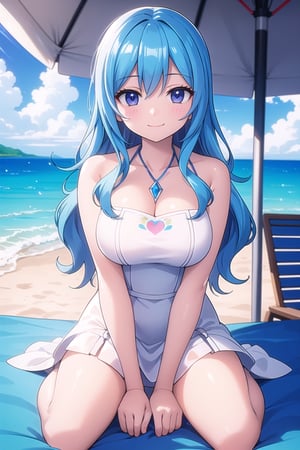 vibrant colors, female, masterpiece, sharp focus, best quality, depth of field, cinematic lighting, ((solo, one woman )), (illustration, 8k CG, extremely detailed), masterpiece, ultra-detailed, white dress:1.4, cute smile, seat, beach towel, beach, long hair,light, juvia , hearts signs:1.5