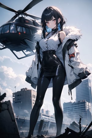 One girl(adult woman), blue/black long hair,  red eyes, serious face, smirk smile, medium breast, masterpiece,  best quality,  high quality, chlotes( white shirt, fur on the shoulder of jacket, long black pants, earrings  (dress:1.3)), background (darkness ,city building, demolished city, helicopters),SeiShonagon