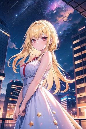 vibrant colors, female, masterpiece, sharp focus, best quality, depth of field, cinematic lighting, ((solo, one woman )), (illustration, 8k CG, extremely detailed), masterpiece, ultra-detailed, blonde hair ,lpng hair, red eyes, white dress, outdoors, sky, cloud, building, stars, scenery, city, aircraft, airplane, twilight, skyscraper, night sky,landscape