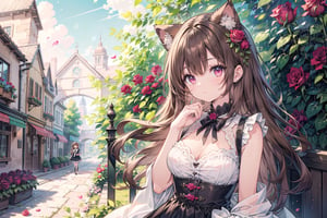 (masterpiece), outdoors, (((1girl, cute girl(20 old))), ((brown hair)), long hair, pink eyes, medium breast, cat ears, love eyes, flowers:1.2 (roses:1.3)