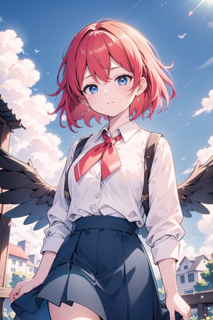 vibrant colors, female, masterpiece, sharp focus, best quality, depth of field, cinematic lighting, ((solo, one woman:1.3 )), (illustration, 8k CG, extremely detailed), masterpiece, ultra-detailed, (cowboy shot, dinamic), red hair girl , blue eyes , clouds, sky, fly, wings, schoolgirl clothes, blue skirt, white shirt, background lawn 
