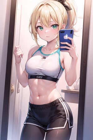 vibrant colors, female, masterpiece, sharp focus, best quality, depth of field, cinematic lighting, ((solo, one woman )), (illustration, 8k CG, extremely detailed), masterpiece, ultra-detailed, small breasts, blonde hair, navel, green eyes, ponytail, pantyhose, shorts, clothes lift, phone, abs, cellphone, smartphone, sports bra, mirror, selfie,iphone mirror selfie