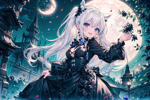 (masterpiece), outdoors, (((1girl, pony tail:1.3, white hair)), medium breast, blue eyes, cute dark clothes,  vampire fangs, smile,(lowers around:1.3), (more flowers:1.7), (black roses:1.7), (moon light:1.2) 