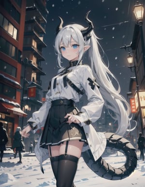 (vibrant colors, female, masterpiece, sharp focus, best quality, depth of field, cinematic lighting, ((solo, one woman )), (illustration, 8k CG, extremely detailed), masterpiece, ultra-detailed, long hair, looking at viewer, blue eyes, thighhighs, long sleeves, hair between eyes, very long hair, closed mouth, standing, ponytail, white hair, pleated skirt, horns, shoes, pointy ears, black thighhighs, miniskirt, black skirt, thigh strap, white coat, claws, dragon horns, dragon girl, dragon tail, (ice city background, snow, night, city lights, snowfall)